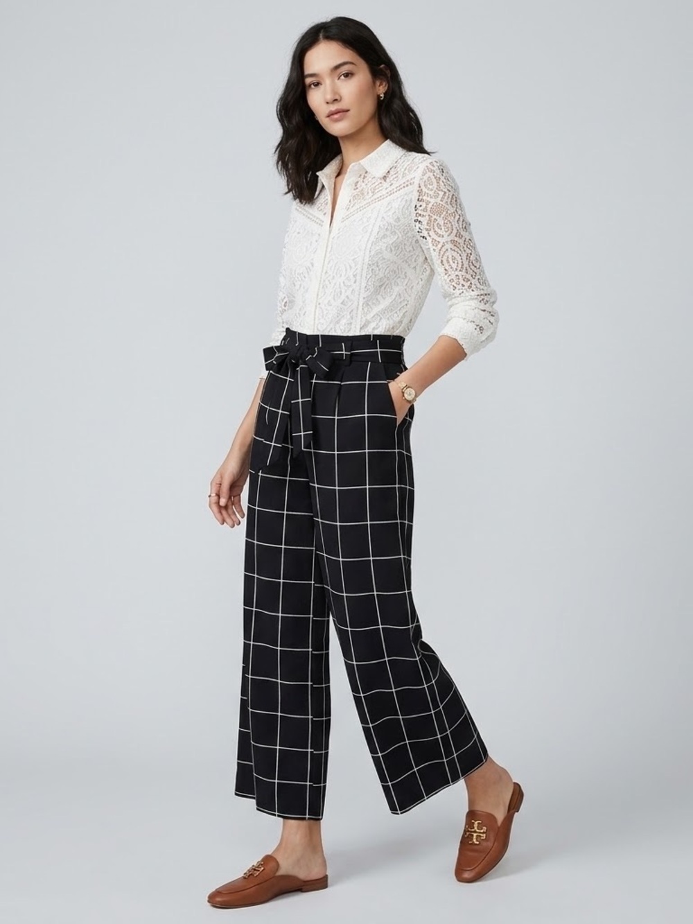 Sweet Rain Black Windowpane Wide-Leg Paperbag Pants - Size Medium
